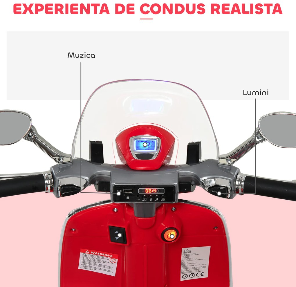 HOMCOM Motocicletă Electrică pentru Copii 3+ Ani, Motocicletă Jucărie din PP și Oțel cu 2 Roți Suplimentare, 108x49x75 cm, Roșie | Aosom Romania