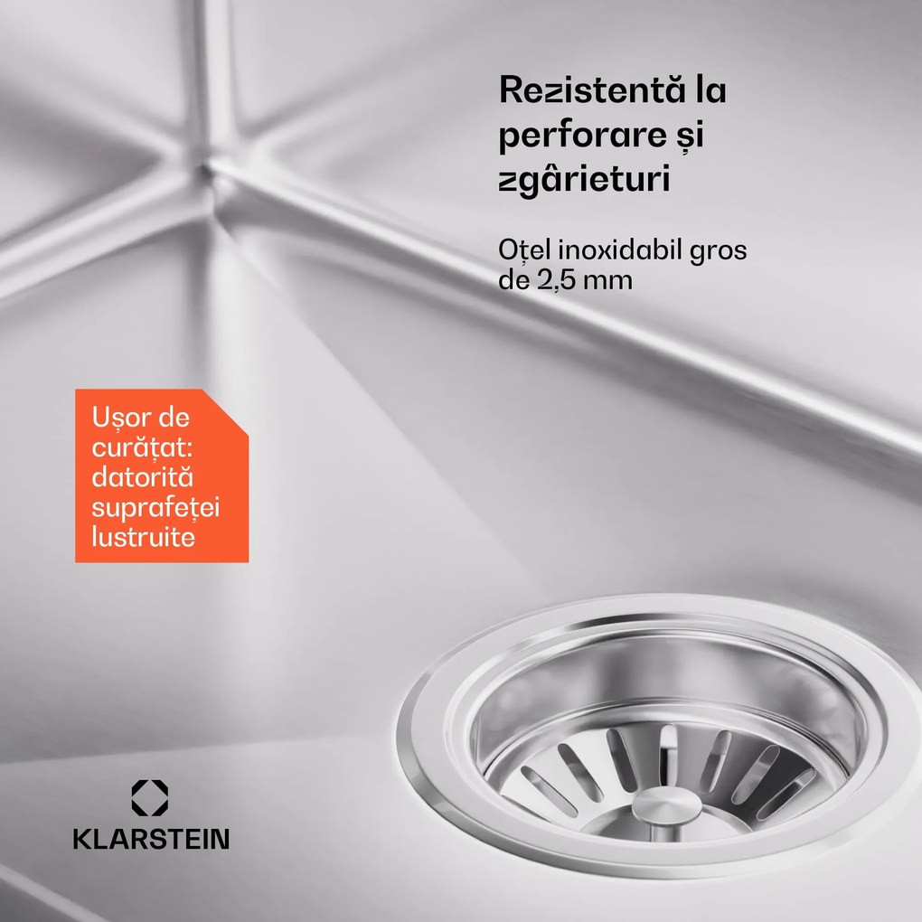 Klarstein TitanSteel Chiuvetă de bucătărie 45 x 55 cm (LxÎ) cu suprafață rezistentă la rugină, zgârieturi și căldură.