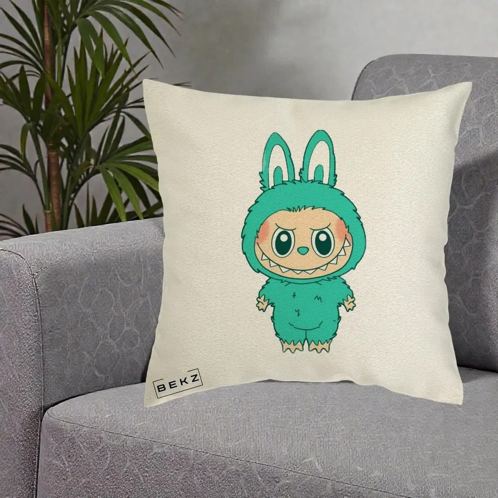 Perna Personalizata Labubu Turcoaz, 40x40 cm, Ecru, Husa Detasabila, Perna Inclusa, BEKZ®