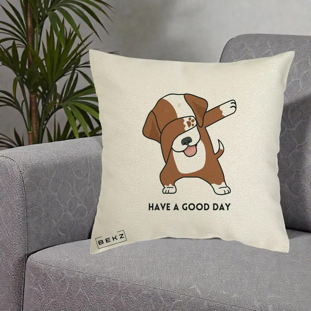 Perna Decorativa Caine Dab Have A Good Day, 40x40 cm, Ecru, Husa Detasabila, Perna Inclusa, BEKZ®