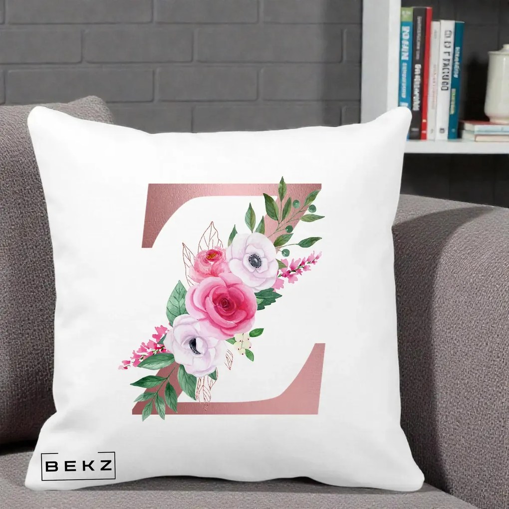 Cadou Personalizat - Perna Personalizata Monograma Rose Gold Litera Z, 40x40 cm, Alba Mata, Husa Detasabila, Perna Inclusa, BEKZ®