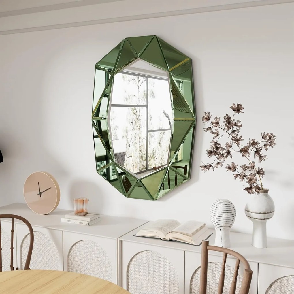 OGG35 - Oglinda ornamentala 3D 72 x 100 cm, pentru perete, dormitor, living - Verde / Argintiu / Auriu
