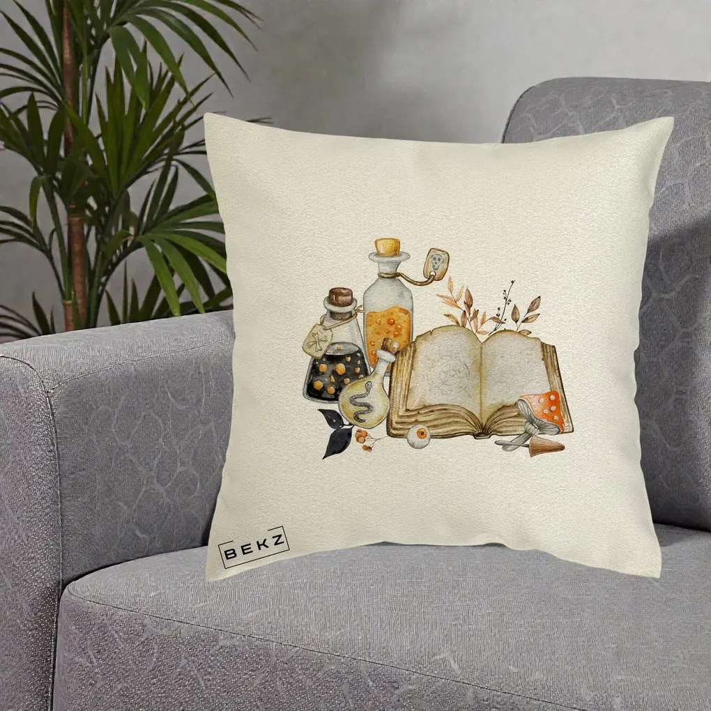 Perna Decorativa Grimoire Vrajitoare si Filtre Magice Halloween, 40x40 cm, Ecru, Husa Detasabila, Perna Inclusa, BEKZ®
