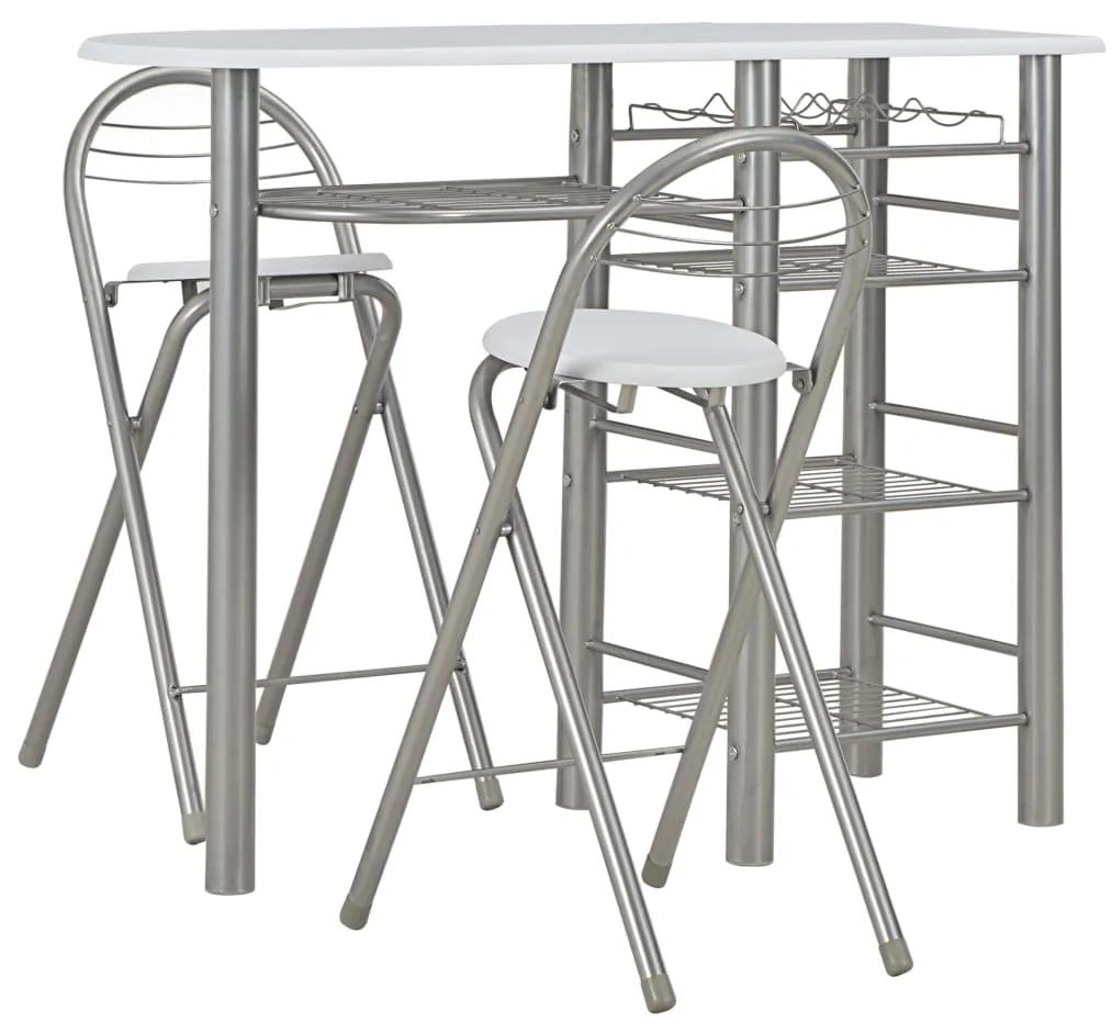 284399 vidaXL Set mobilier de bar, cu rafturi, 3 piese, alb, lemn și oțel