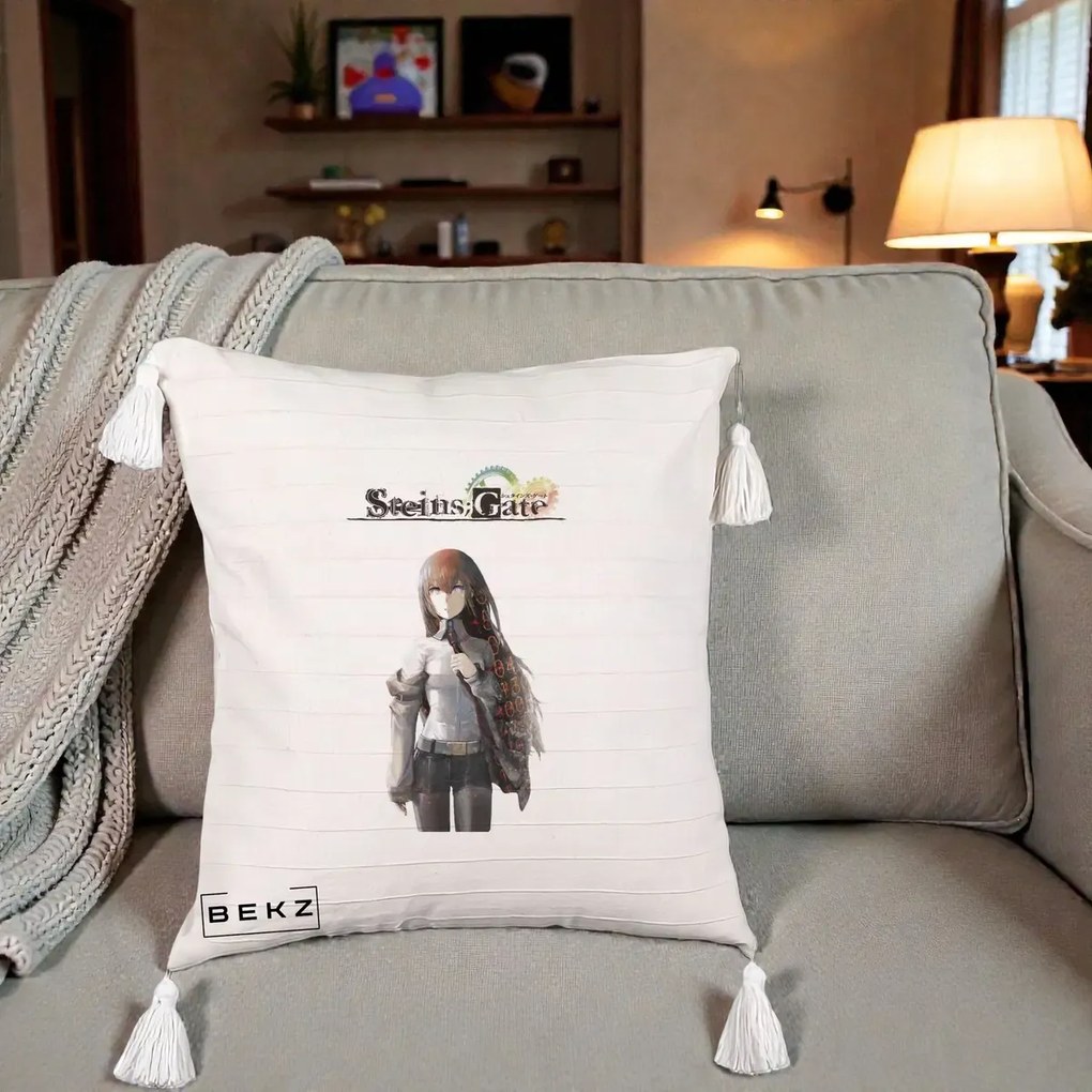Perna Personalizata Steins Gate Kurisu Makise Anime, 40x40 cm, Bej cu Franjuri, Husa Detasabila, Perna Inclusa, BEKZ®
