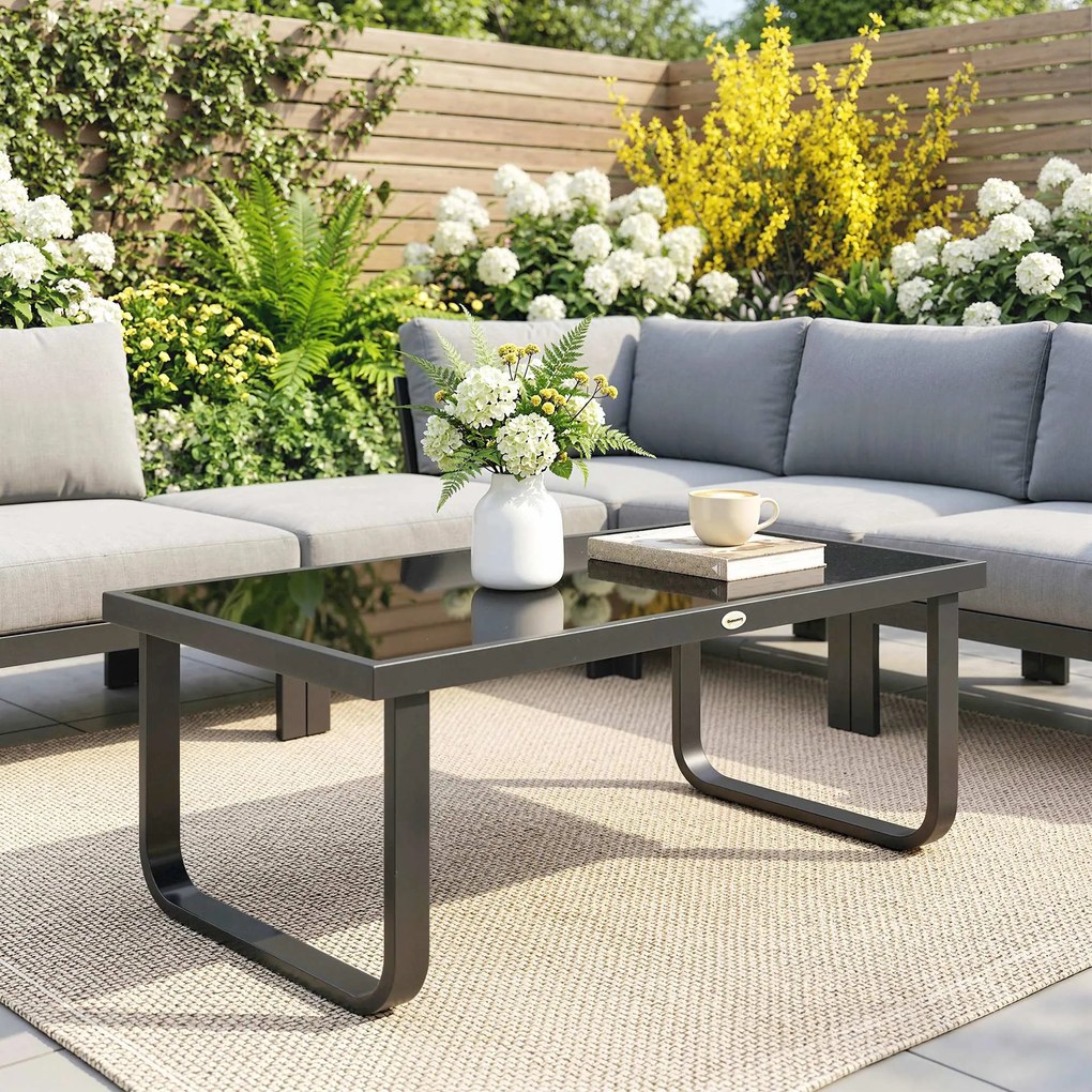 Outsunny Măsuță de grădină dreptunghiulară, picioare curbate, blat din sticlă securizată, pentru terasă balcon, 90x45x33cm, Negru | Aosom Romania