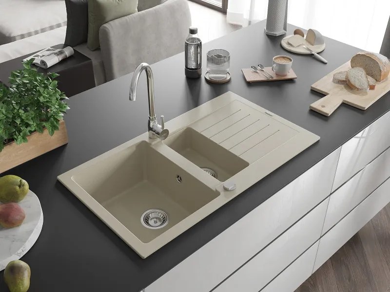 Mexen Matias chiuvetă de granit cu 1,5 compartimente și scurgător 900 x 505 mm, bej, sifon crom - 6502901505-69