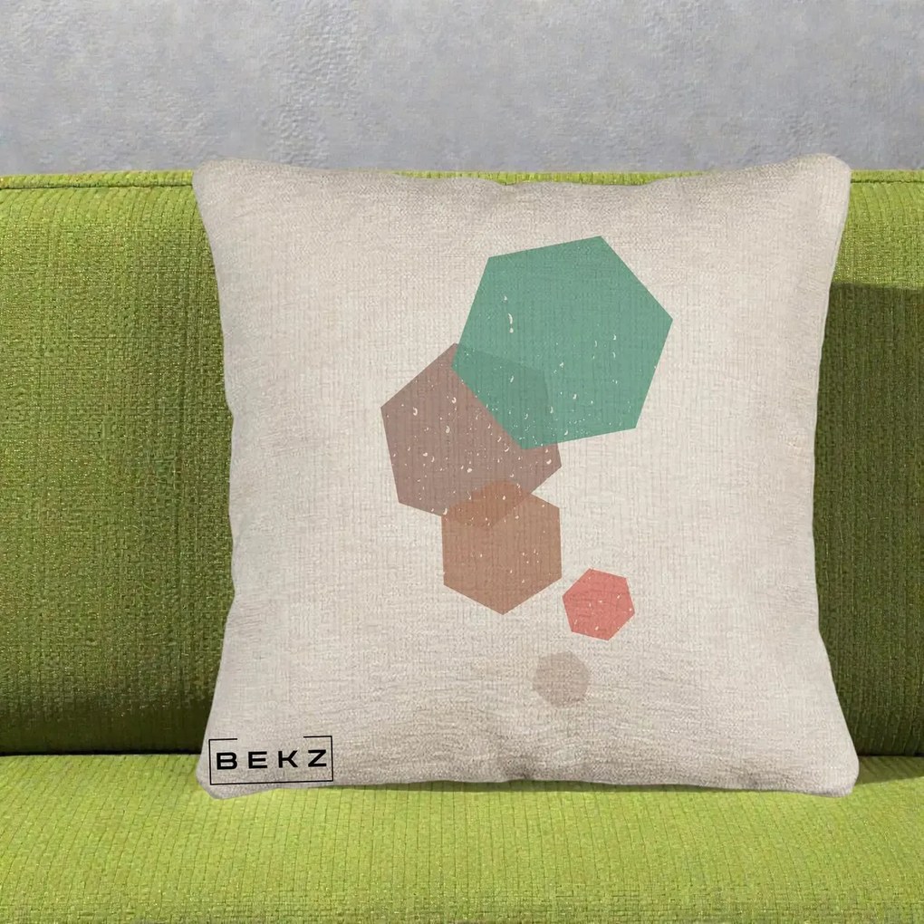 Perna Decorativa Geometric Hexagoane Pastel, 40x40 cm, Bej Canapea, Husa Detasabila, Perna Inclusa, BEKZ®