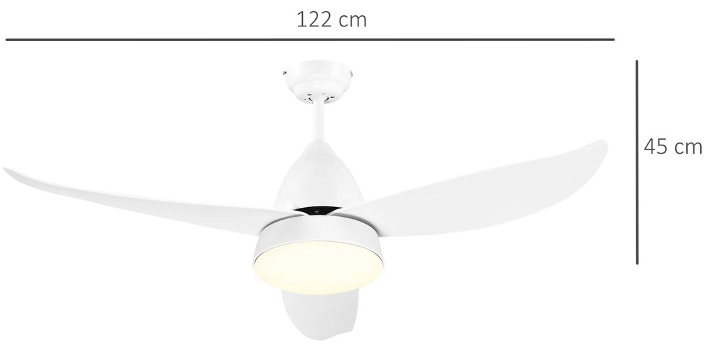 HOMCOM Ventilator de Tavan cu 3 Becuri cu Lumina LED si Telecomanda Inclusa, 6 Viteze, pentru Interior, Φ122x45cm, Alb