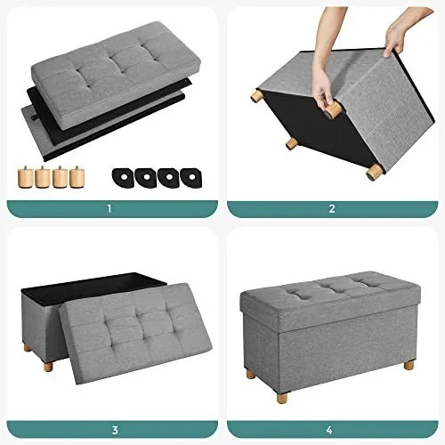 Bancheta cu spatiu depozitare, 76 x 38 x 40 cm, textil / MDF, gri, Songmics