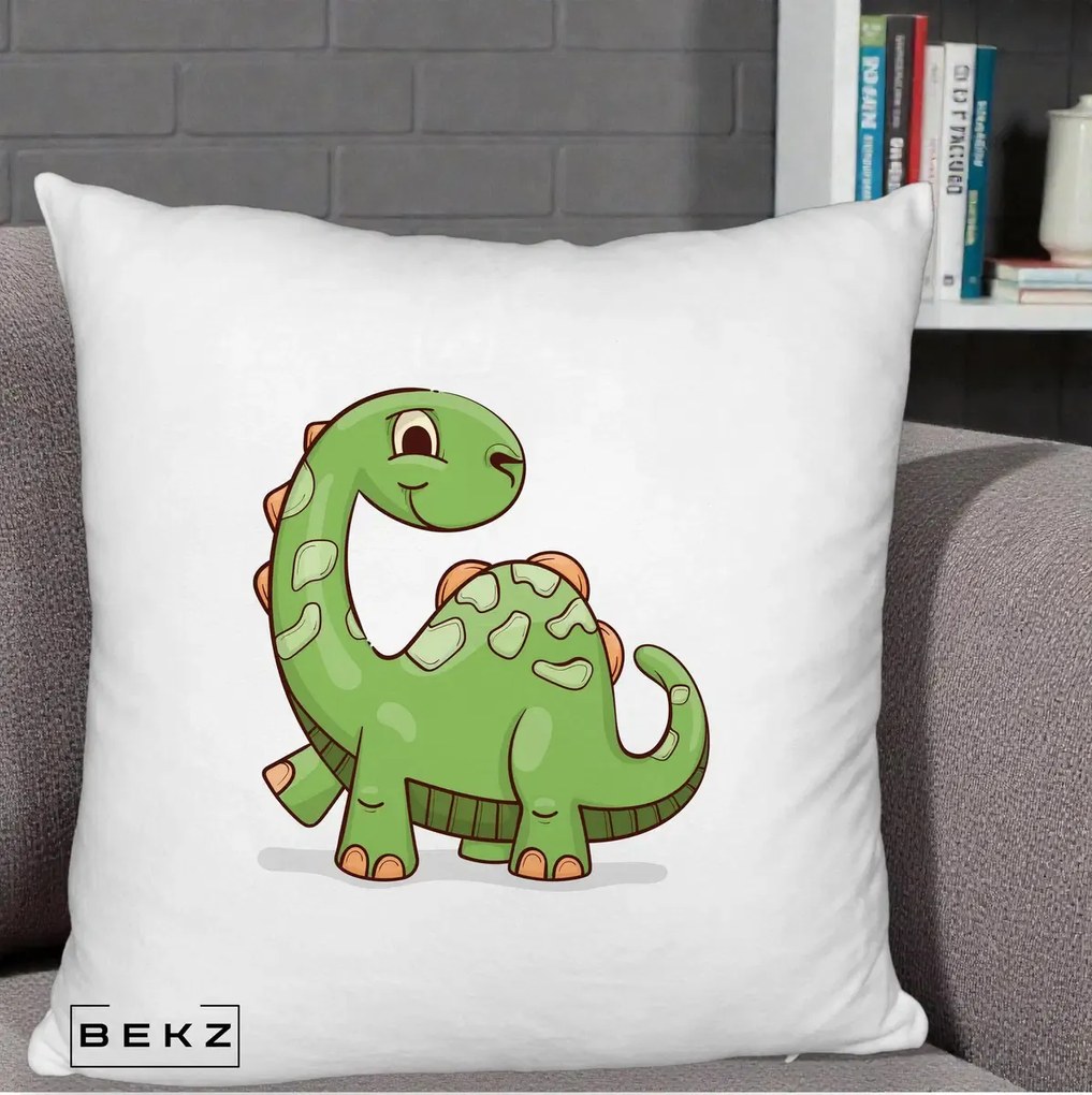 Perna Decorativa Brontosaur Verde Simpatic, 40x40 cm, Alb Pufos, Husa Detasabila, Perna Inclusa, BEKZ®