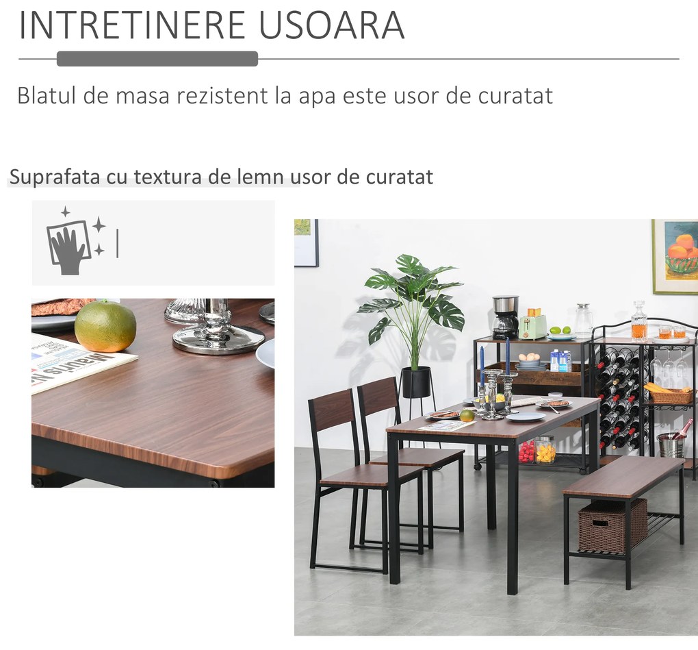 HOMCOM Set Mobilier de Bucătărie cu Masă, Bancă și Scaune, Design Modern, Masa Maro, Confortabil și Spațios, Ideal pentru Familie | Aosom Romania