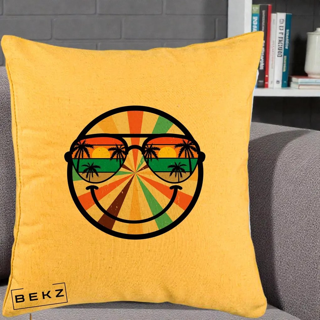 Perna Decorativa Smiley Face Retro Sunset Palmieri, 40x40 cm, Galben, Husa Detasabila, Perna Inclusa, BEKZ®