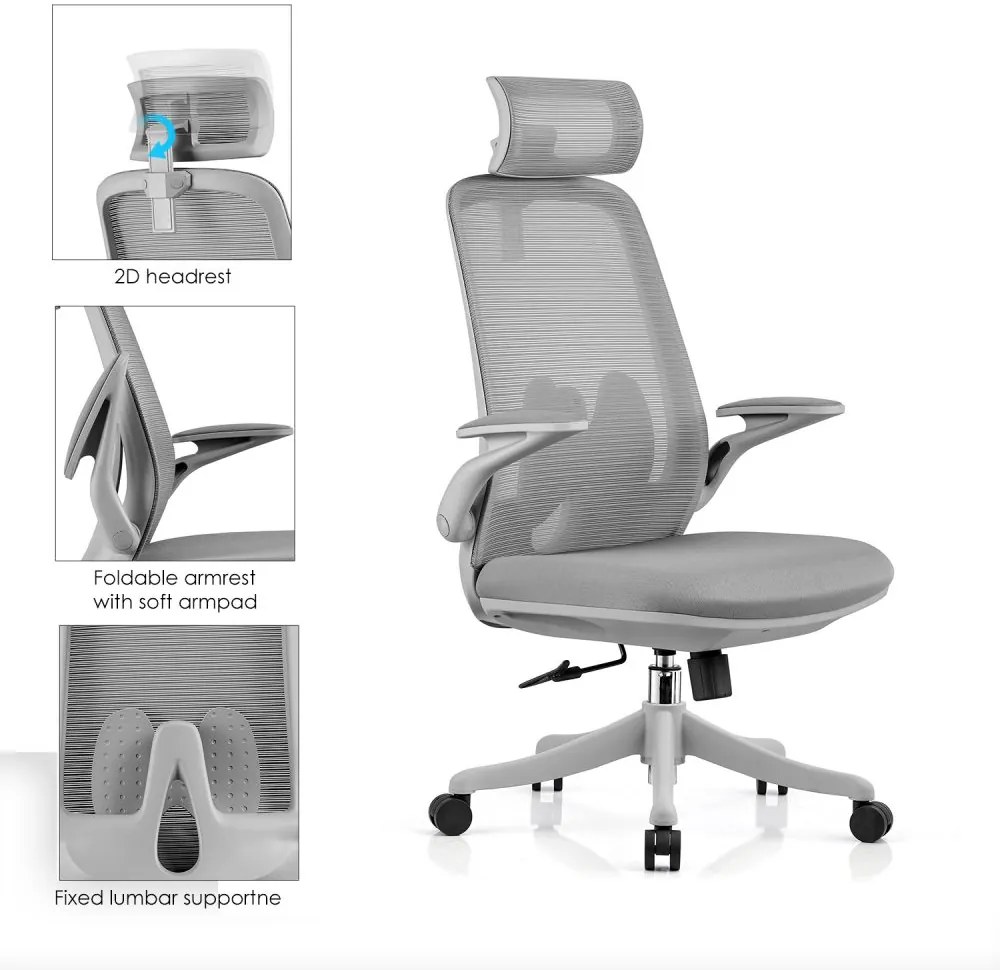 Scaun ergonomic Sally-H, spatar Mesh, sezut textil, Gri