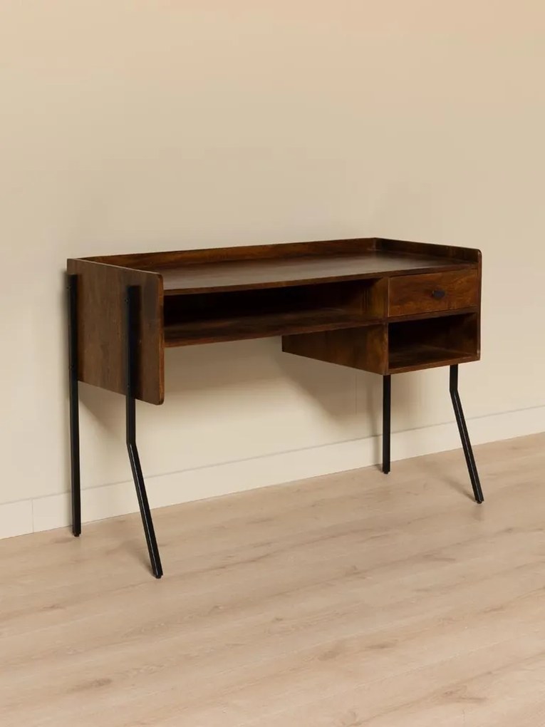 Birou vintage din lemn de mango și metal, cu blat maro antichizat, 1 sertar și picioare din metal negru, finisaj satinat, 117.5×50×80.5 cm, „Flow"