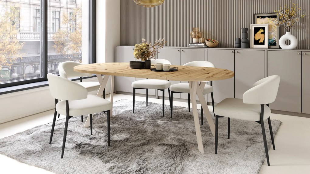 Mazzoni ALDO Stejar Artisan/picioare bej - MASĂ ROTUNDĂ STIL LOFT PENTRU SALON/SUFRAGERIE EXTENSIBILĂ CU PICIOARE ÎN FORMĂ DE "Y"