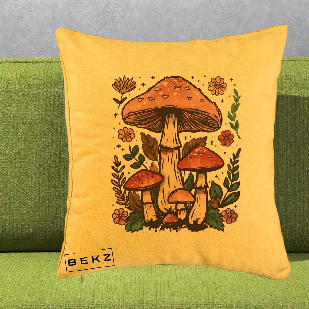 Perna Decorativa Ciuperci Vintage Floral, 40x40 cm, Galben, Husa Detasabila, Perna Inclusa, BEKZ®