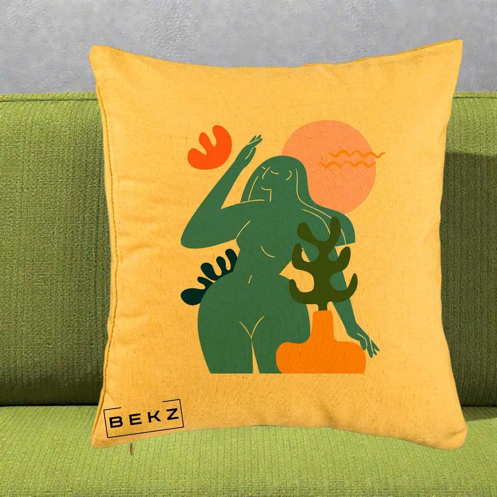 Perna Decorativa Femeie Albastra Cactus, 40x40 cm, Galben, Husa Detasabila, Perna Inclusa, BEKZ®