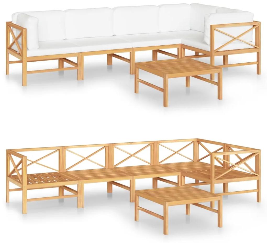 Set mobilier gradina cu perne crem, 6 piese, lemn masiv de tec Crem, 2x mijloc + 3x colt + masa, 1