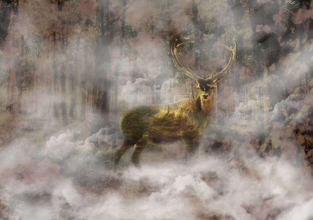 Fototapet - Cerb de aur  în pădurea cu ceață (152,5x104 cm)