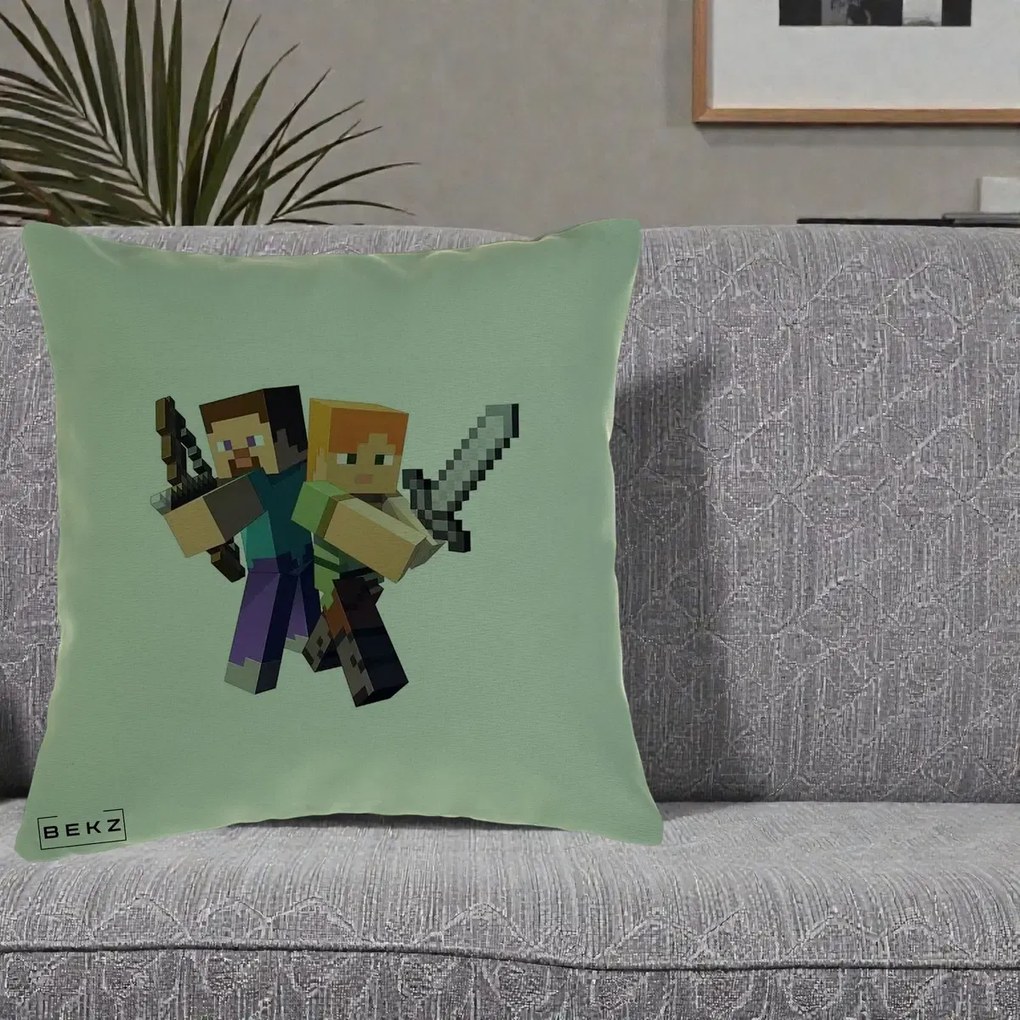 Perna Personalizata Minecraft Steve si Alex, 40x40 cm, Verde, Husa Detasabila, Perna Inclusa, BEKZ®