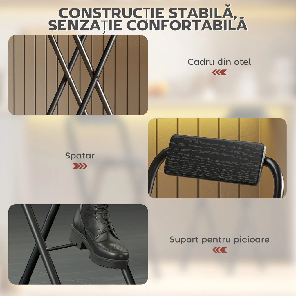 HOMCOM Set 2 Scaune de Bucătărie Pliabile cu Suport pentru Picioare din MDF și Oțel Negru | Aosom Romania