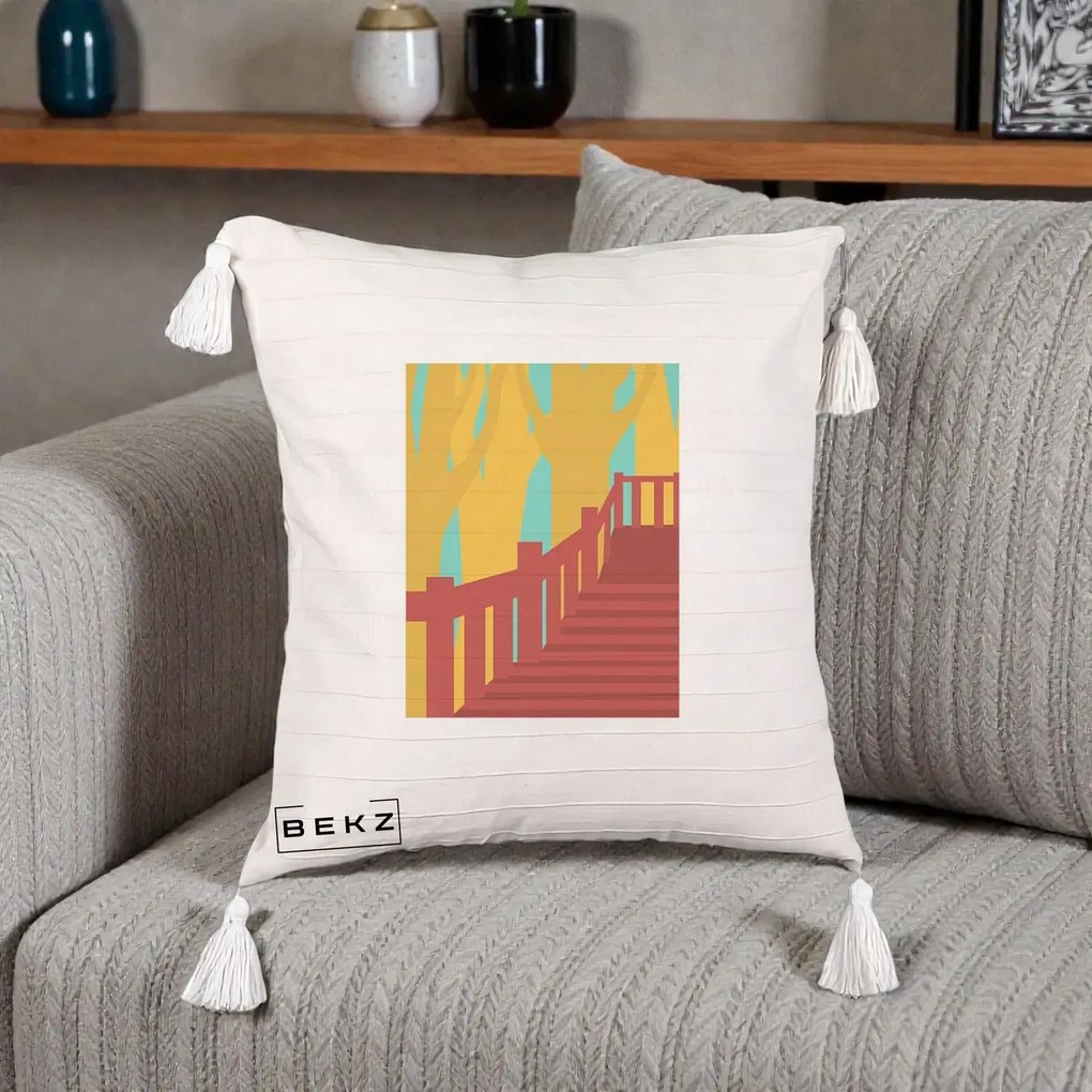Perna Decorativa Scari Toamna Peisaj Grafic, 40x40 cm, Bej cu Franjuri, Husa Detasabila, Perna Inclusa, BEKZ®