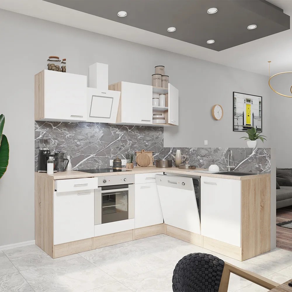 Mobilă de bucătărie de colț Yorki 220, corp din stejar Sonoma, față alb satinat cu element inferior al cuptorului