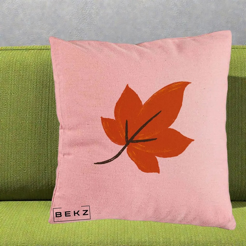 Perna Decorativa Frunza de Toamna Portocalie, 40x40 cm, Roz, Husa Detasabila, Perna Inclusa, BEKZ®