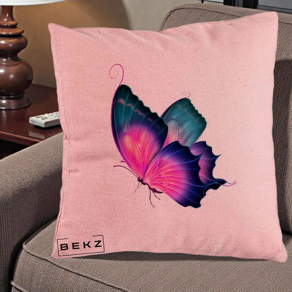 Perna Decorativa Fluture Neon, 40x40 cm, Roz, Husa Detasabila, Perna Inclusa, BEKZ®