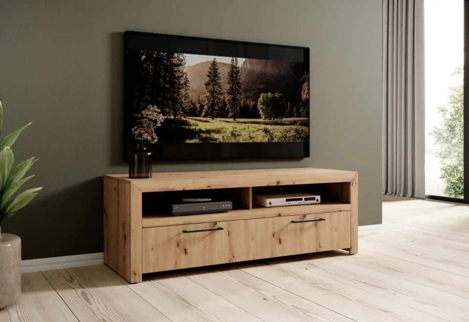 Comodă TV JANEZ – 150x47x52 cm – Stejar Artisan / Negru