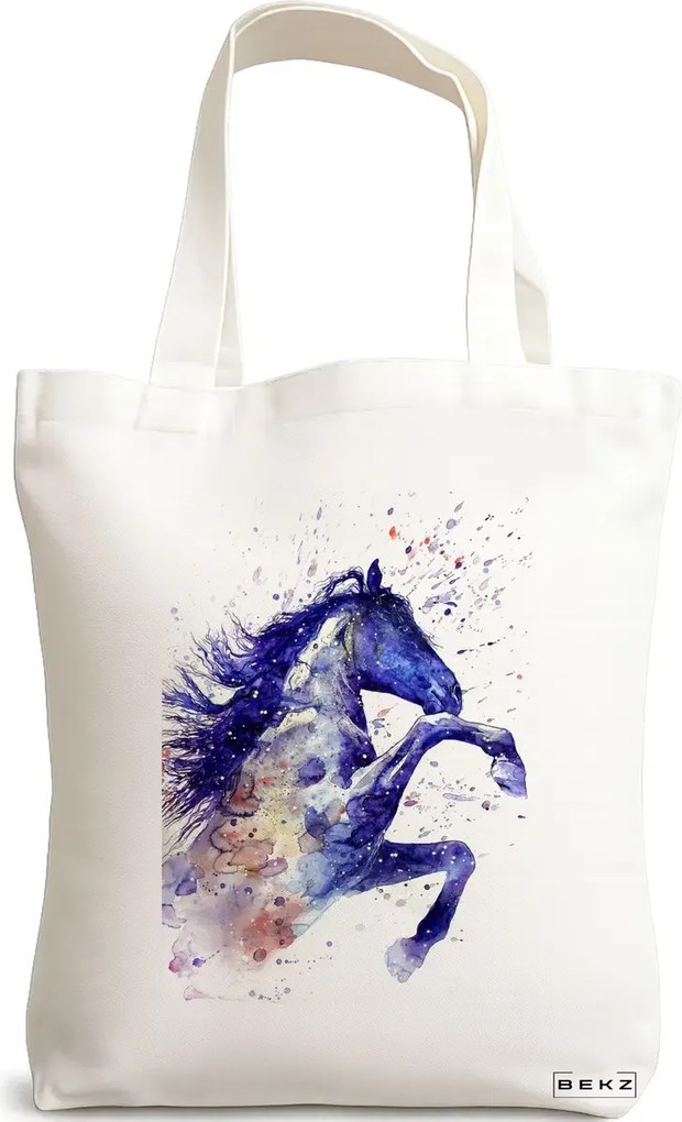 Sacosa de Panza pentru Cumparaturi, Geanta Tote, model Watercolor Horse, 38x34.5 cm, Alba, BEKZ®