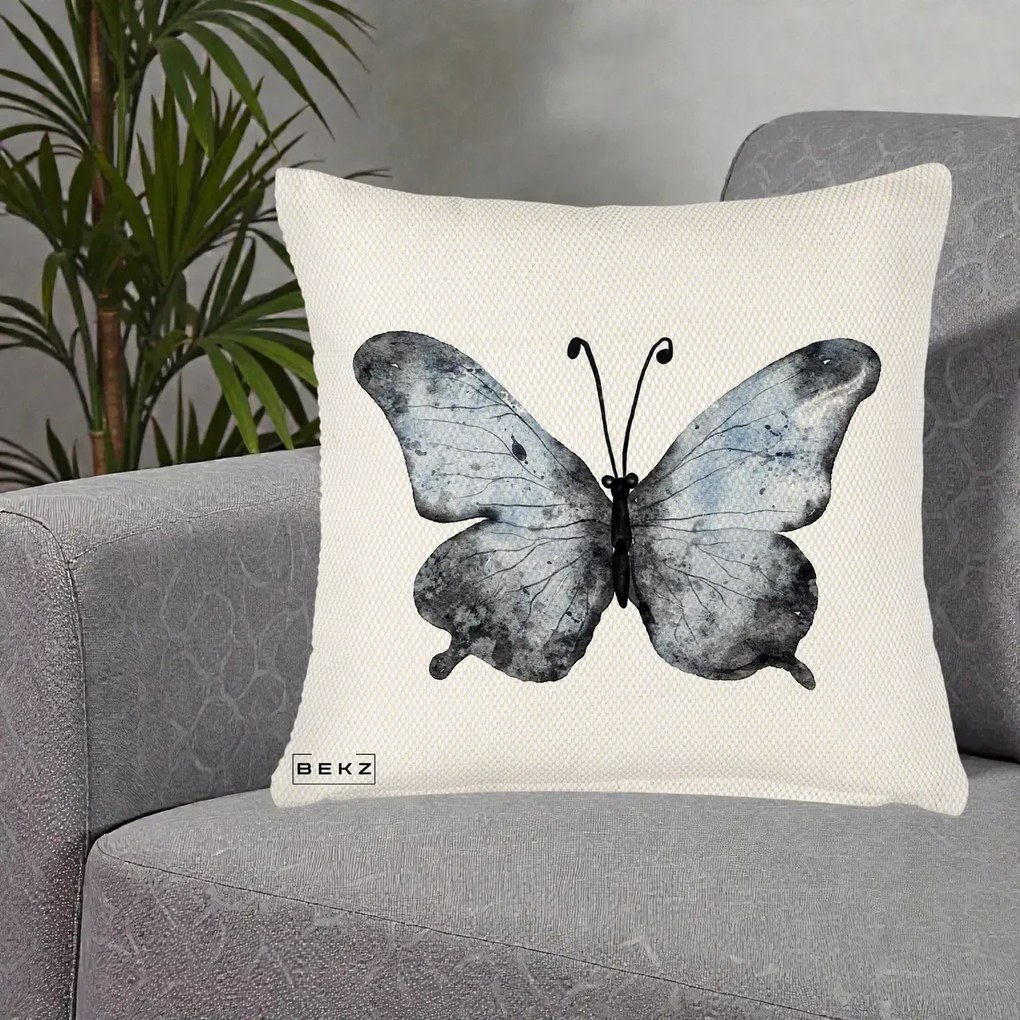 Perna Decorativa Fluture Acuarela Albastru-Gri, 40x40 cm, Crem Reliefat, Husa Detasabila, Perna Inclusa, BEKZ®