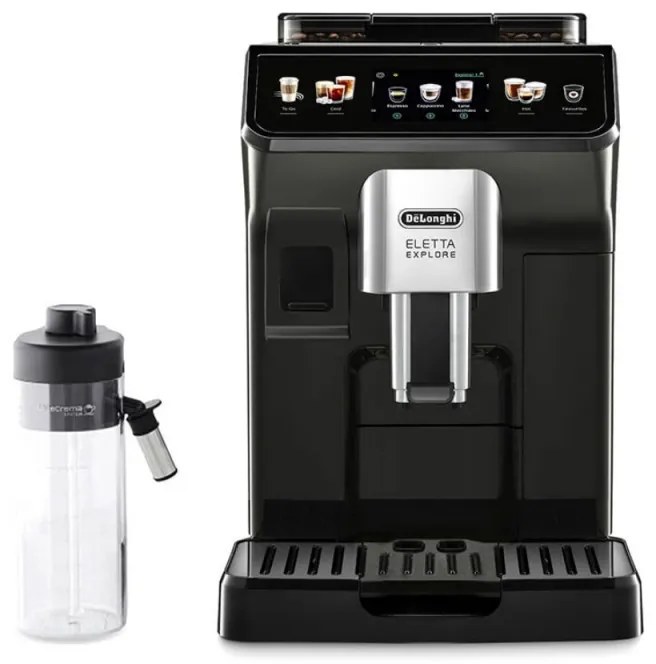 Espressor automat DeLonghi Eletta Explore ECAM450.65.G, 1450W, 19 bar, 1.8l, Wi-Fi, Touch TFT display, LatteCrema hot/cool, Twin Shot, To-Go, Cafea boabe, Negru/Gri