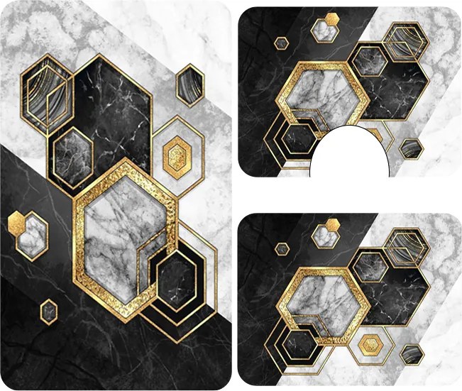 Set covoare baie antiderapante, 3 piese, model geometric marmura cu accente aurii