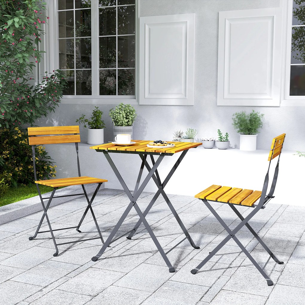 Outsunny Set bistrou de grădină 3 piese cu 2 scaune și masă de cafea din lemn de acacia și oțel efect lemn natural | Aosom Romania