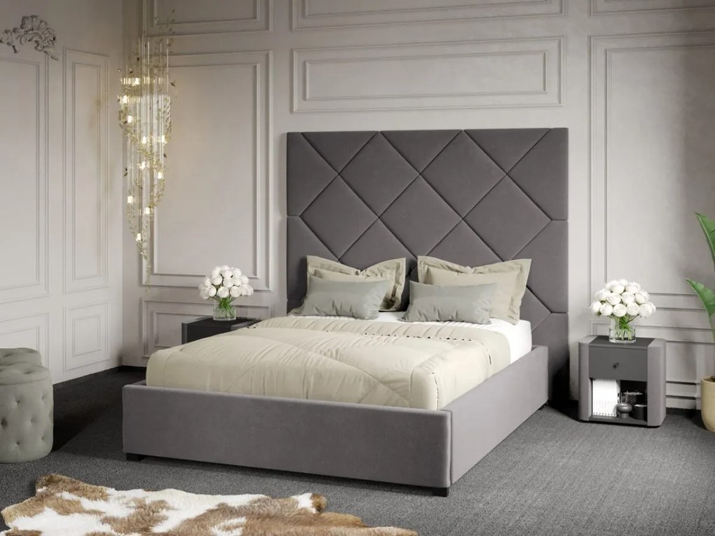 Pat Tapitat cu Panou 191x170 C2 Dubai cu somiera fixa Gri - Velluto 16 140x200