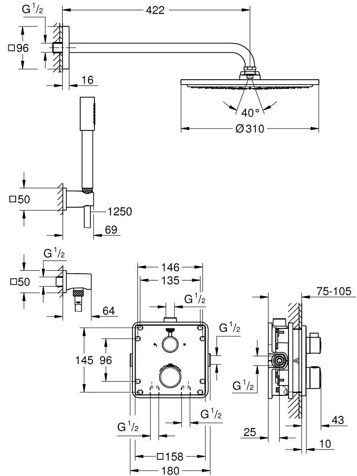 Sistem dus incastrat cu termostat Grohe Grohtherm Cosmopolitan 310, baterie patrata