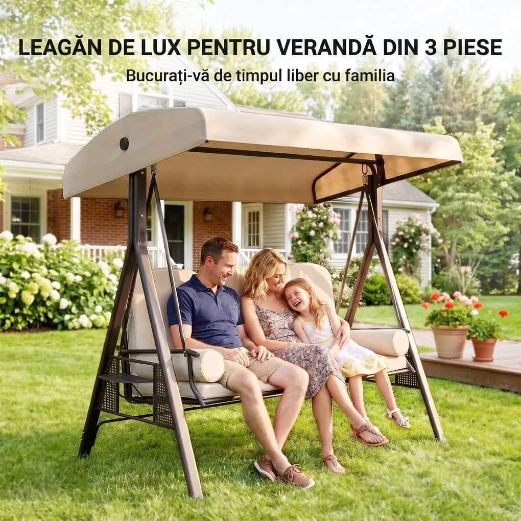 Outsunny Leagăn de Grădină cu 3 Locuri, Acoperiș Reglabil, Suport pentru Pahare și Perne, 207x120,5x174 cm, Bej | Aosom Romania