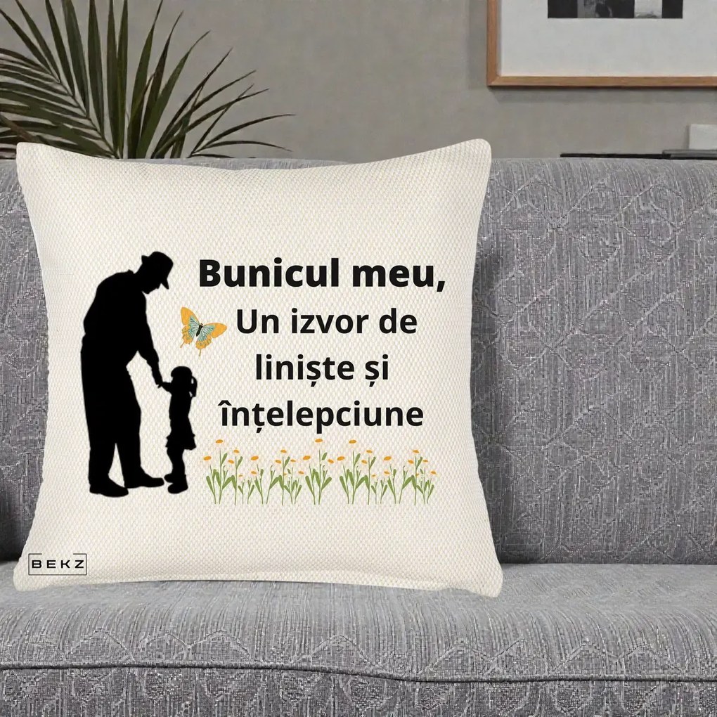Cadou pentru Bunic - Perna Personalizata Bunicul Meu Izvor de Liniste cu Fluture si Fetita, 40x40 cm, Crem Reliefat, Husa Detasabila, Perna Inclusa, BEKZ®