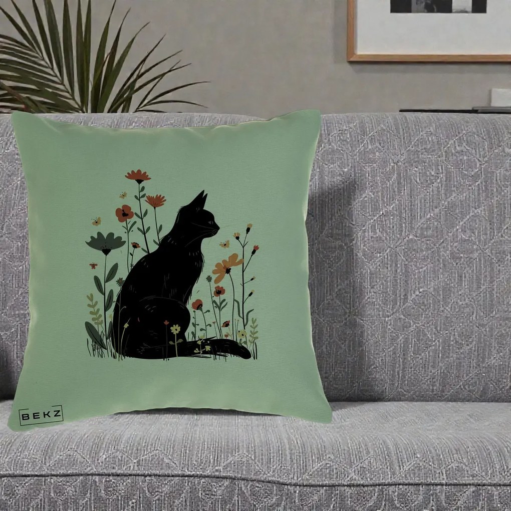 Perna Decorativa Pisica Neagra Profil Flori Portocalii, 40x40 cm, Verde, Husa Detasabila, Perna Inclusa, BEKZ®