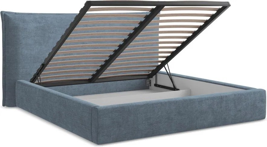 Pat matrimonial albastru tapițat cu spațiu de depozitare cu somieră 140x200 cm Esala – Makamii