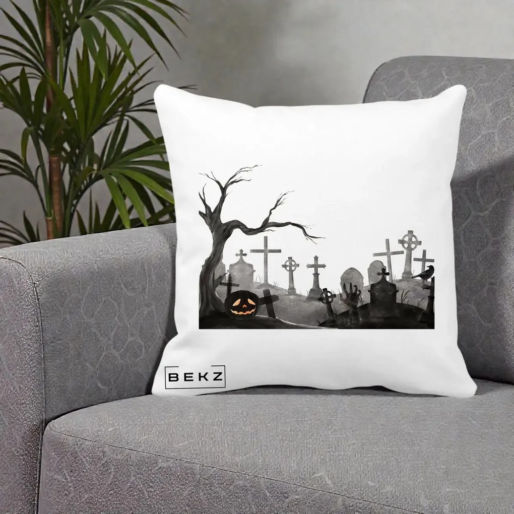 Perna Decorativa Halloween Cimitir Acuarela cu Dovleac, 40x40 cm, Alba Mata, Husa Detasabila, Perna Inclusa, BEKZ®