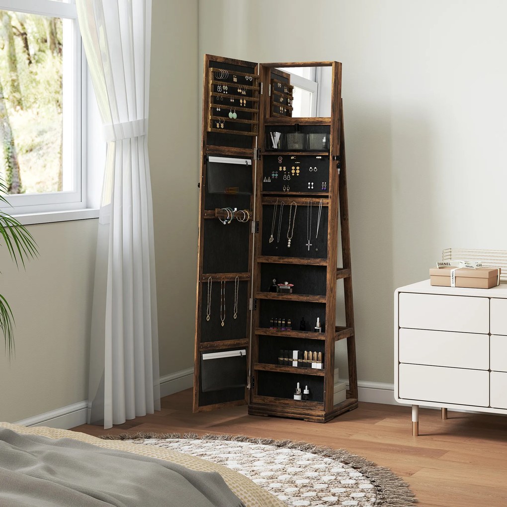 HOMCOM Armoire de Bijuterii pivotantă, blocabilă, cu oglindă - Dulap Bijuterii Multi-Depozitare - Brun Rustic | Aosom Romania