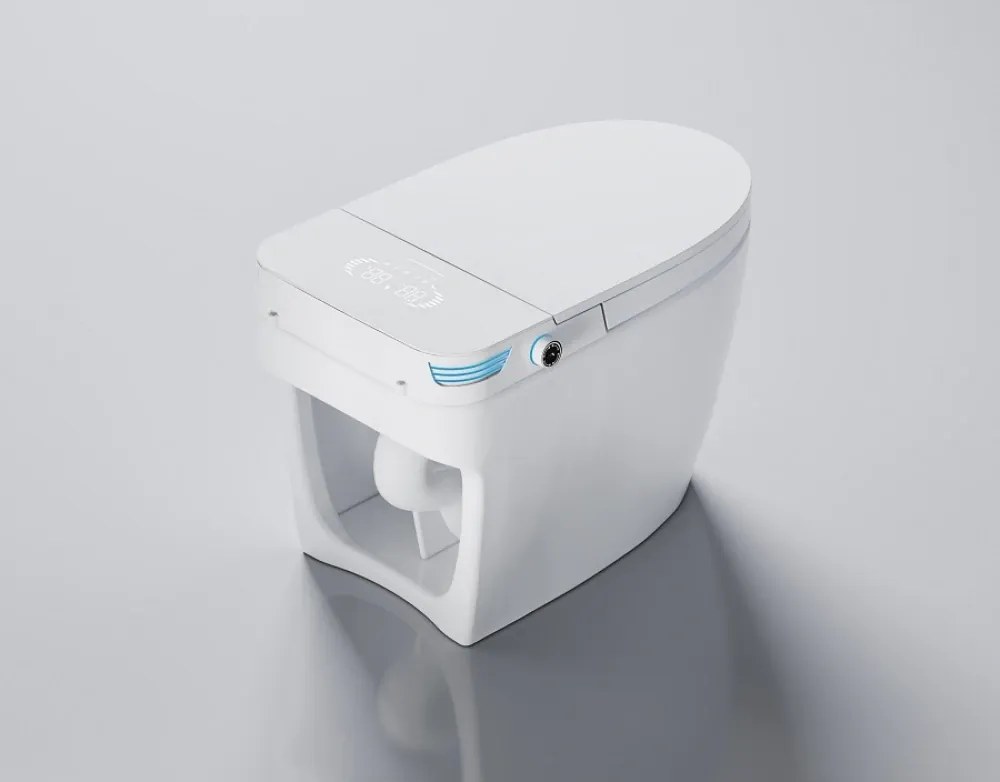 Smart WC 859 – Vas de Toaletă Inteligent cu Bideu, Sterilizare UV, Deschidere/Închidere automată, Senzor picior, Control inteligent al Temperaturii, Uscare aer cald, Iluminare de noapte, Afișaj LED, Telecomandă, Ceramică, Alb