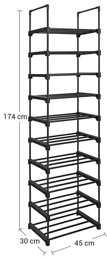 Raft stivuibil pentru încălțăminte TUBE, 10 polițe, 45x30x174cm, negru SongmicsHome