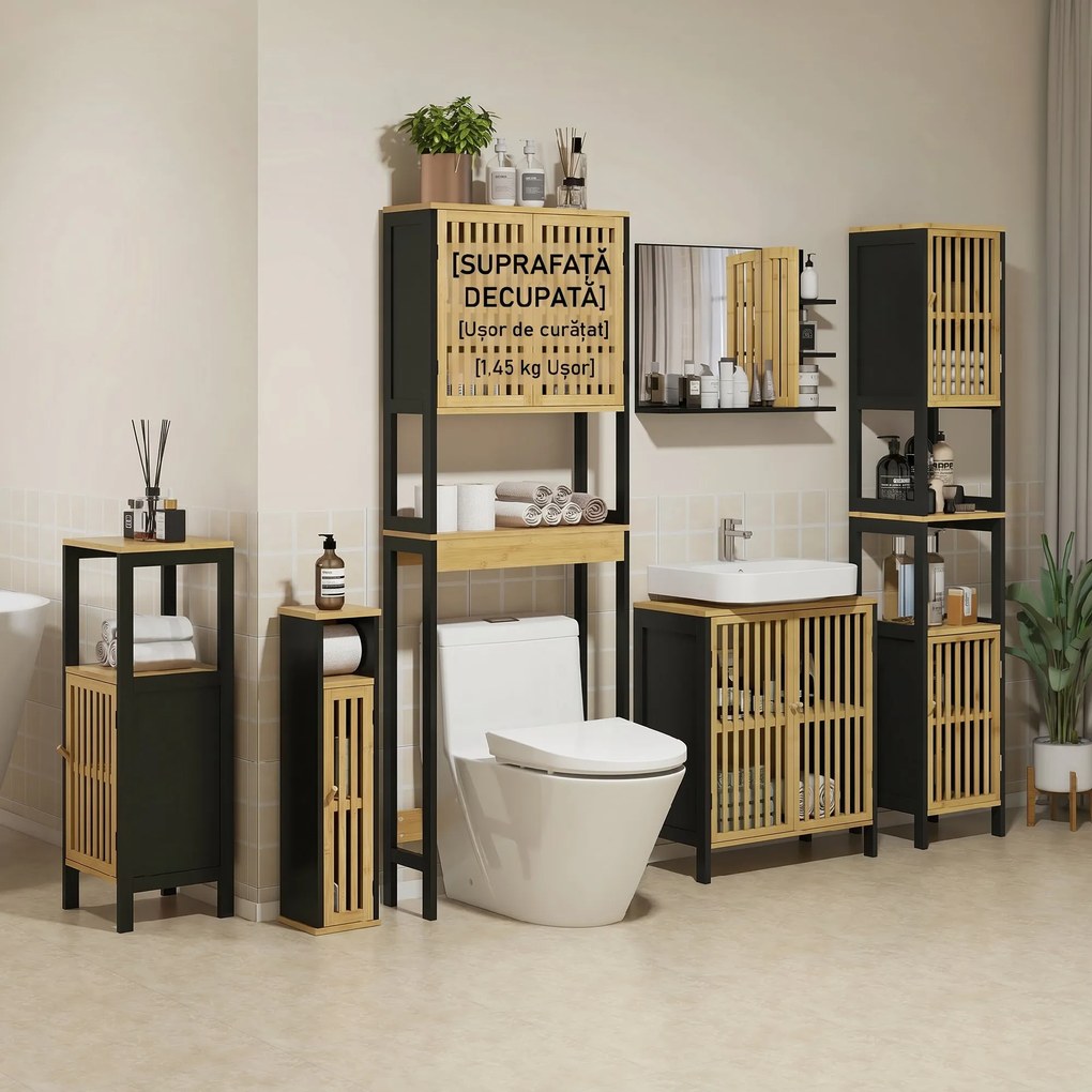 HOMCOM Dulap Baie cu Economie de Spațiu, Dulap Deasupra Toaletei cu 2 Uși și Raft Deschis, 60x21,5x172 cm, Lemn Natural | Aosom Romania