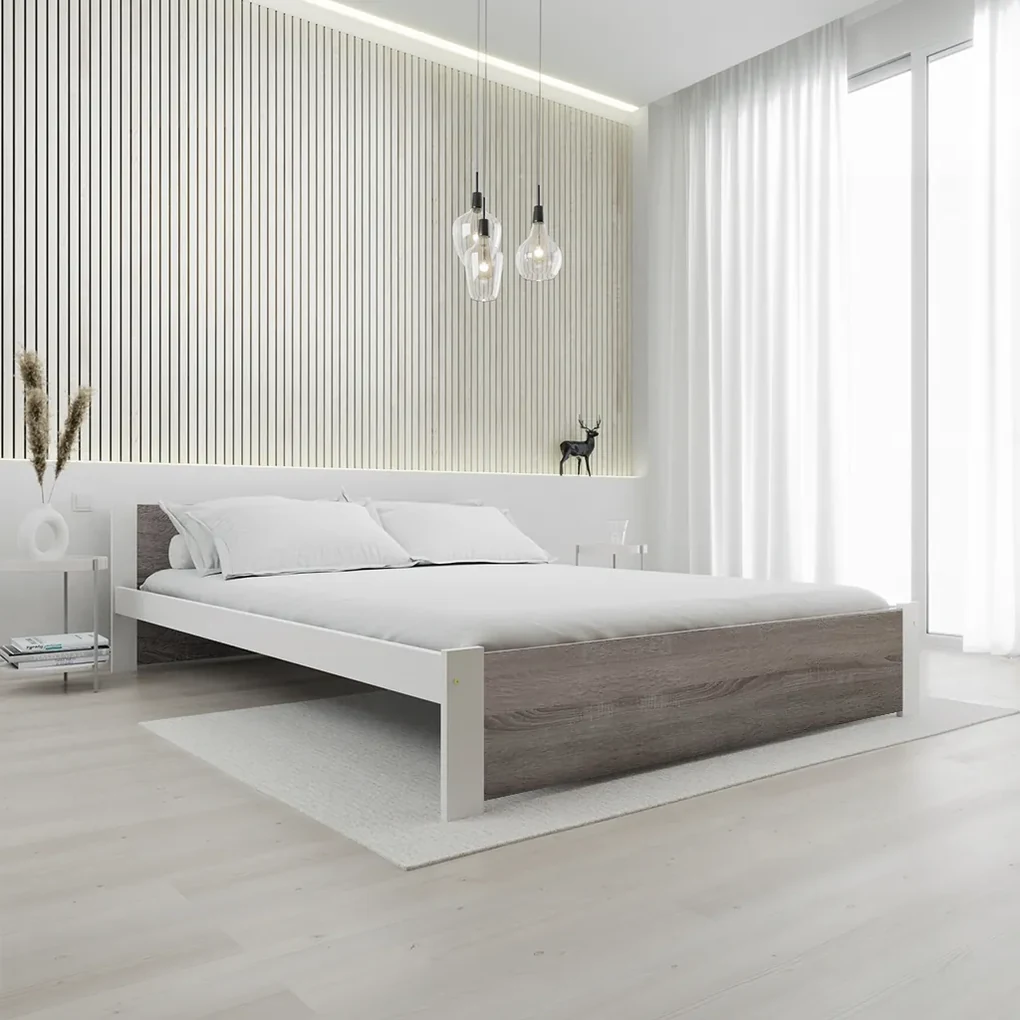 Pat dublu Culoare alb/stejar trufa, IKAROS 140 x 200 cm Saltele: Cu saltele Coco Maxi 20 cm, Somiera pat: Fara somiera