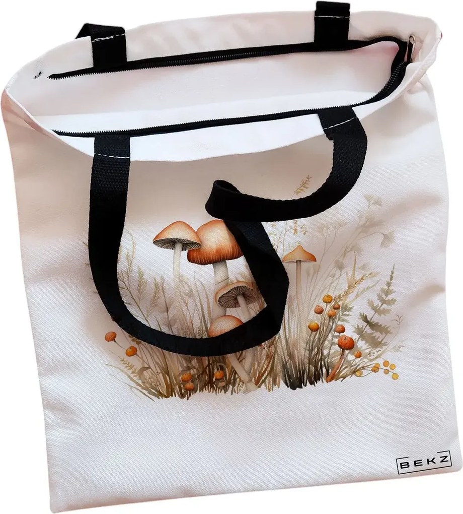 Sacosa de Panza pentru Cumparaturi, Geanta Tote, Colorful Mushrooms 12, Cu fermoar, 38x34.5 cm, Alba, BEKZ®