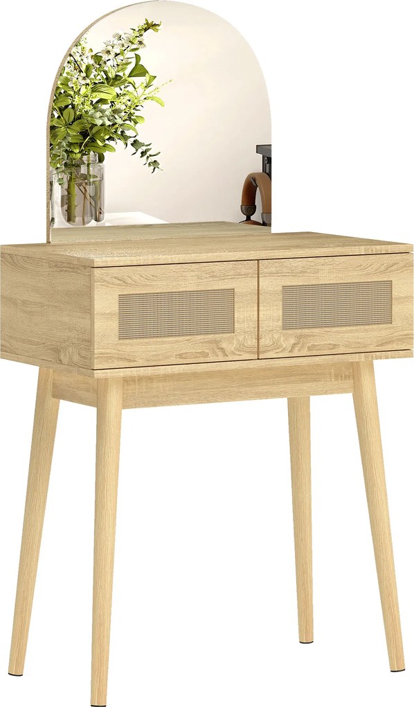 HOMCOM Masă de Machiaj cu Oglindă Arcuată 2 Sertare cu Față din Ratan pentru Spații Mici Natural | Aosom Romania